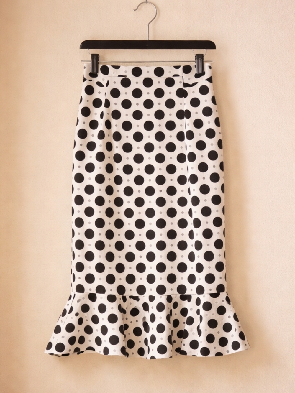 Polka Dot Pencil Skirt with Ruffle Hem - Black on White